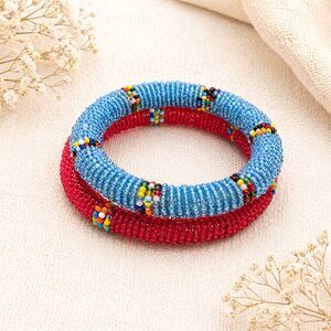 Pair of Wrapped Seed Bead Bangle Bracelets in Red and Blue